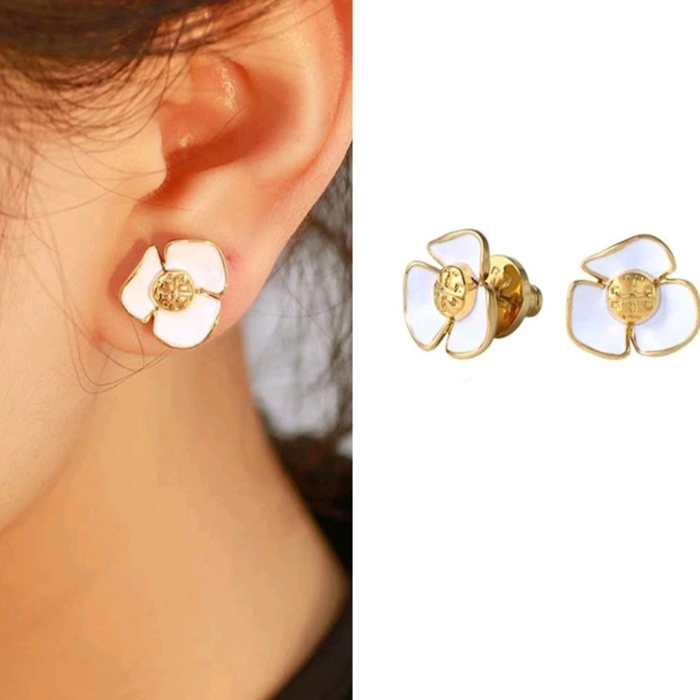 Tory Burch White Enamel and Gold Flower Stud Earrings - Picture 3 of 3